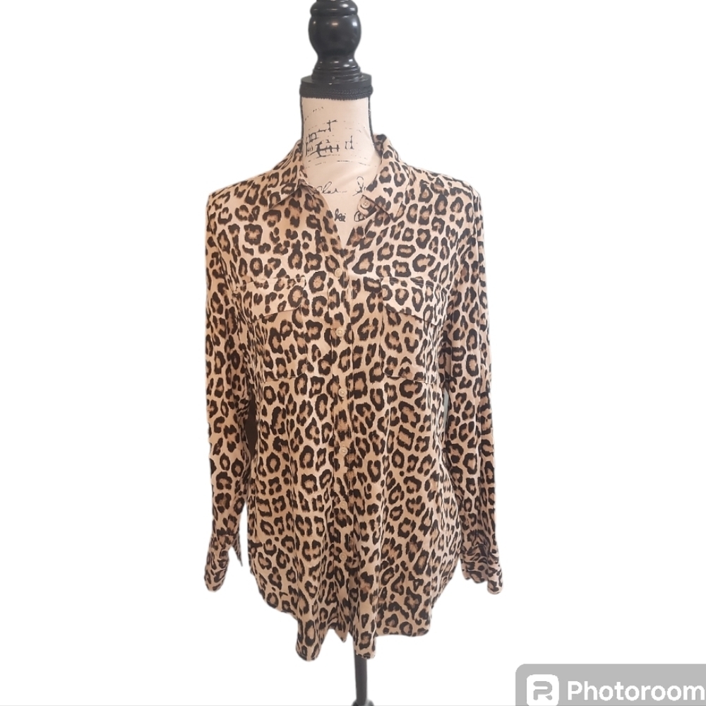 Chico's Womens Button Front Leopard Print Career Substantial Top Size 1 8/10‎